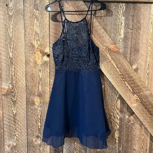 Miss Kim High Neck Blue Hoco Dress